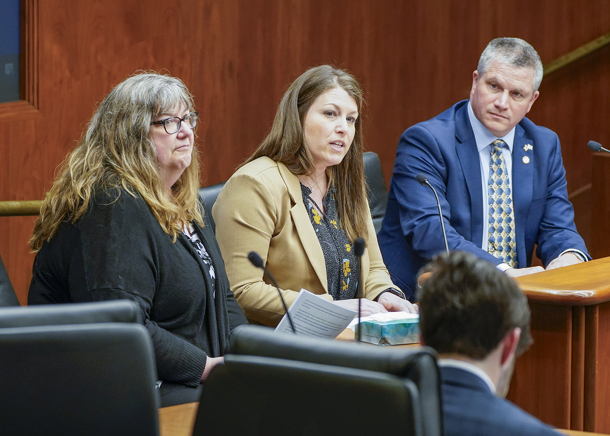 Barb Mackey, left, assistant special education director at Northern Lights Special Education Academy Cooperative, and Tiffany Litman, executive director at Area Special Education Cooperative, testify April 3 in support of HF4282. (Photo by Andrew VonBank)